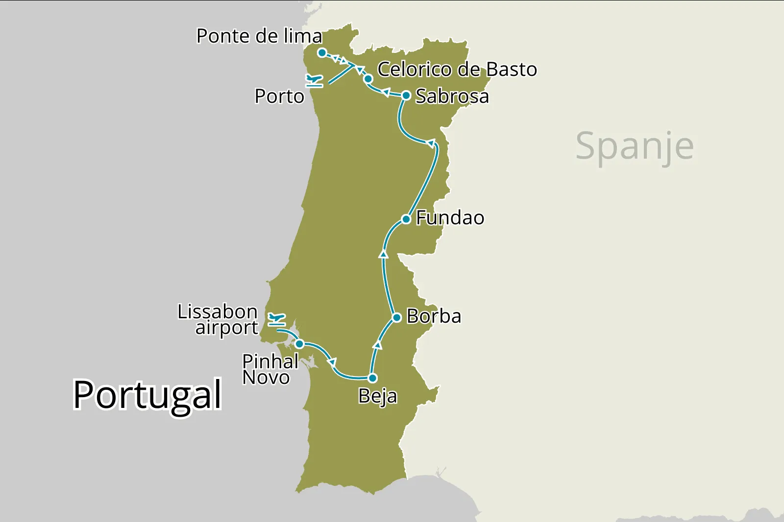 Fly-drive Van Lissabon naar Porto door het binnenland (solares) 15 dagen - Route