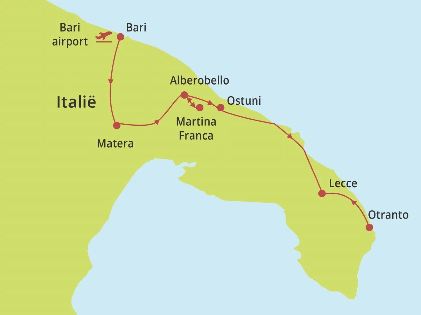 kaartje wandelvakantie wandelen tussen trulli, matera en barok