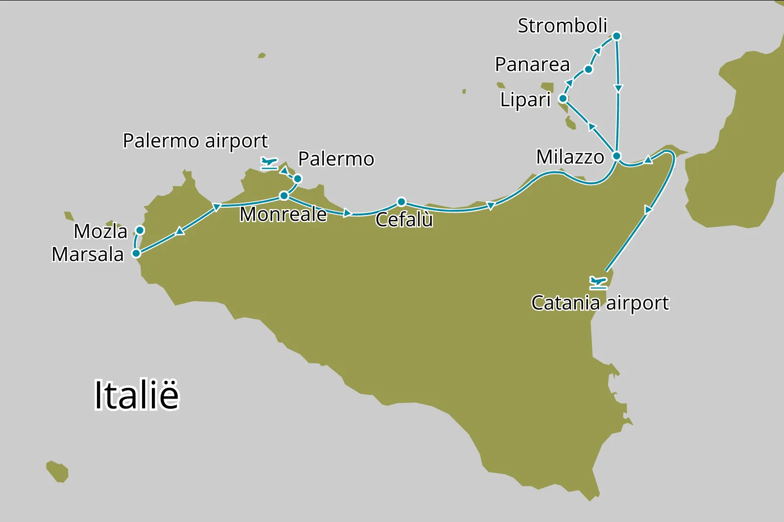 Fly-drive Sicilië Noord, West en de Eolische eilanden - Route